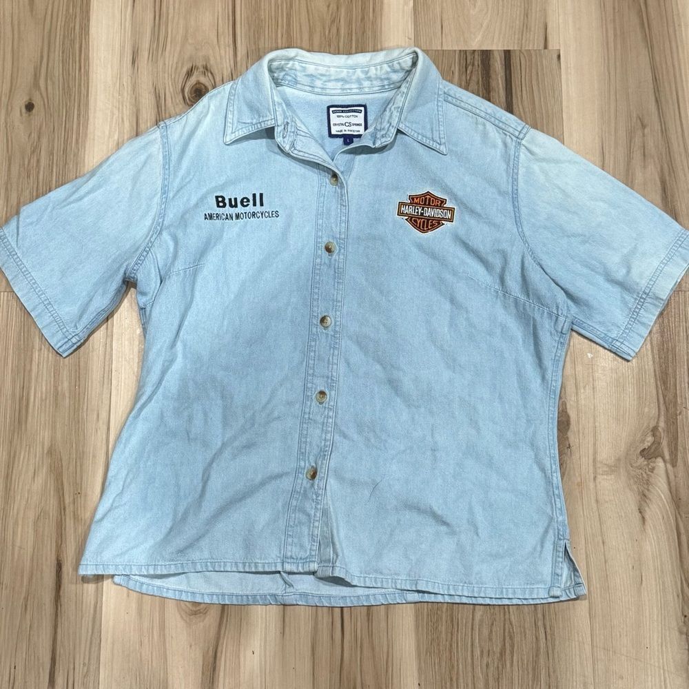 Harley Davidson Vintage Embroidered Naples Button Down Denim Shirt Women’s Large